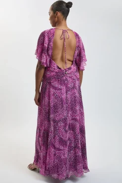 Robe Longue Grande Taille En Georgette De Viscose Imprimé À Pois Avec Manches Cape Et Volants