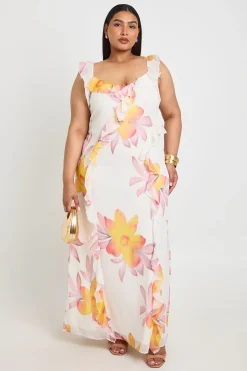 boohoo Robe Longue Grande Taille En Mousseline À Volants Et Bretelles À Imprimé Floral<Femme Robes|Robes Longues