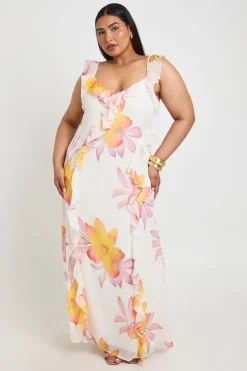 boohoo Robe Longue Grande Taille En Mousseline À Volants Et Bretelles À Imprimé Floral<Femme Robes|Robes Longues