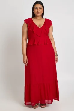 Robe Longue Grande Taille En Mousseline À Volants Et Décolleté Plongeant