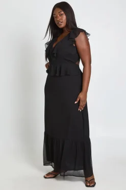 boohoo Robe Longue Grande Taille En Mousseline À Volants Et Décolleté Plongeant<Femme Toutes Les Robes|Robes Longues