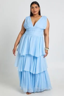 boohoo Robe Longue Grande Taille En Mousseline À Décolleté Plongeant Et Volants Superposés<Femme Toutes Les Robes|Robes Longues