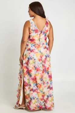 boohoo Robe Longue Grande Taille En Mousseline À Volants Et Imprimé Floral Doux<Femme Robes|Robes Longues