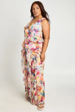 boohoo Robe Longue Grande Taille En Mousseline À Volants Et Imprimé Floral Doux<Femme Robes|Robes Longues