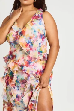 boohoo Robe Longue Grande Taille En Mousseline À Volants Et Imprimé Floral Doux<Femme Robes|Robes Longues