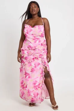 Robe Longue Grande Taille En Mousseline À Volants Et Imprimé Fleuri