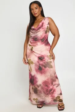 Robe Longue Grande Taille En Maille À Imprimé Floral Estompé Avec Col Bénitier