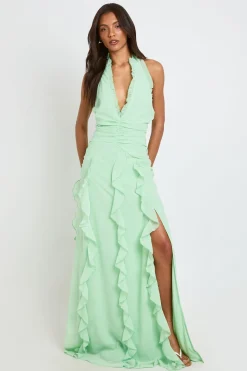 Robe Longue Grande Taille En Mousseline À Col Licou Avec Détails De Volants
