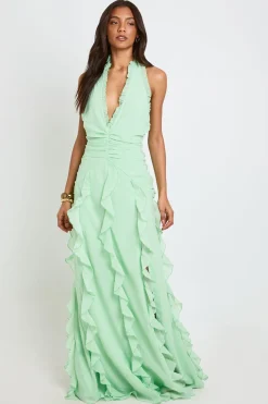 Robe Longue Grande Taille En Mousseline À Col Licou Avec Détails De Volants