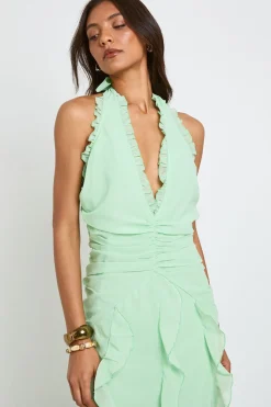 Robe Longue Grande Taille En Mousseline À Col Licou Avec Détails De Volants