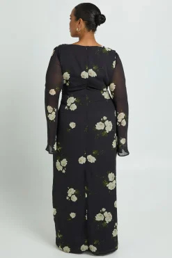 Robe Longue Grande Taille En Mousseline À Décolleté Plongeant Et Motif Floral