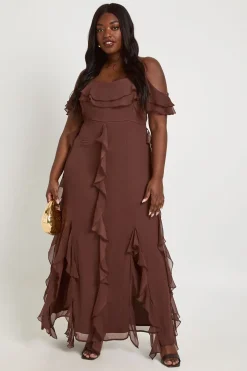 Robe Longue Grande Taille En Mousseline À Volants Et Épaules Dénudées