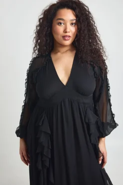 Robe Longue Grande Taille En Mousseline À Manches Longues Et Volants