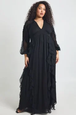 Robe Longue Grande Taille En Mousseline À Manches Longues Et Volants