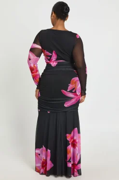 boohoo Robe Longue Grande Taille En Mesh À Fleurs Froncée Avec Manches Longues<Femme Robes À Manches Longues|Robes