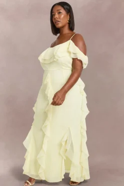 Robe Longue Grande Taille En Mousseline À Volants Et Épaules Dénudées