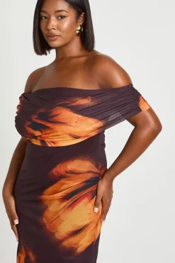 Robe Longue Grande Taille En Mesh Fleuri Asymétrique