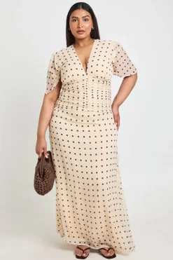 Robe Longue Grande Taille En Mousseline À Pois Avec Taille Froncée