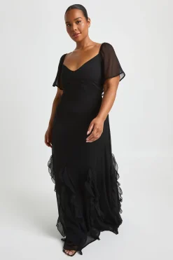 boohoo Robe Longue Grande Taille En Mousseline À Manches Bouffantes Et Volants<Femme Toutes Les Robes|Robes Longues