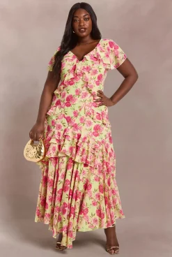 Robe Longue Grande Taille En Mousseline Dobby Fleurie À Volants