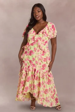 Robe Longue Grande Taille En Mousseline Dobby Fleurie À Volants
