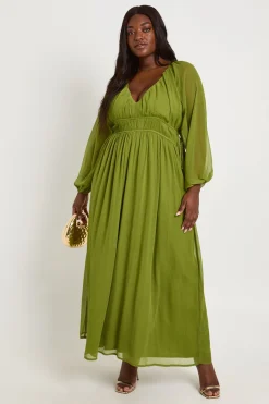 boohoo Robe Longue Grande Taille En Mousseline À Manches Bouffantes Froncées<Femme Robes Patineuses|Robes À Manches Longues