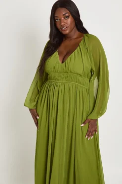 boohoo Robe Longue Grande Taille En Mousseline À Manches Bouffantes Froncées<Femme Robes Patineuses|Robes À Manches Longues