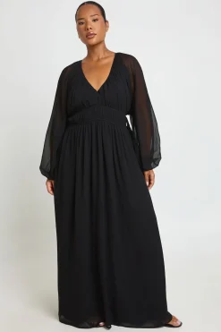 boohoo Robe Longue Grande Taille En Mousseline À Manches Bouffantes Froncées<Femme Robes Patineuses|Robes À Manches Longues