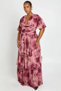 Robe Longue Grande Taille En Mousseline À Superpositions Et Décolleté Plongeant