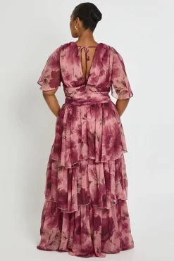 Robe Longue Grande Taille En Mousseline À Superpositions Et Décolleté Plongeant