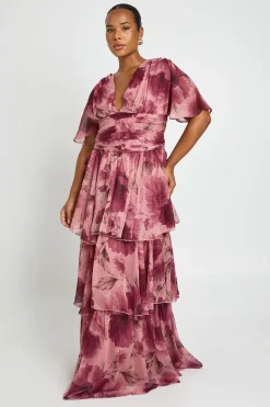 Robe Longue Grande Taille En Mousseline À Superpositions Et Décolleté Plongeant