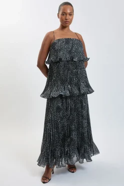 KarenMillen Robe Longue Grande Taille En Organdi Slub Plissé À Imprimé Pois Et Volants Étagés<Femme Robes|Robe Invitée Mariage