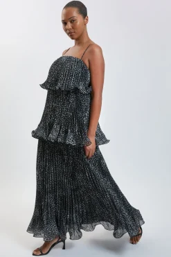 KarenMillen Robe Longue Grande Taille En Organdi Slub Plissé À Imprimé Pois Et Volants Étagés<Femme Robes|Robe Invitée Mariage