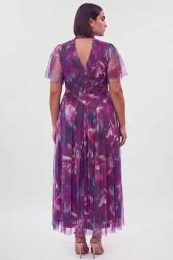 Robe Longue Grande Taille En Tulle À Détails Croisés Et Imprimé Floral Estompé