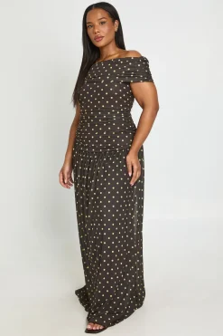 Robe Longue Grande Taille À Pois Avec Taille Basse Froncée