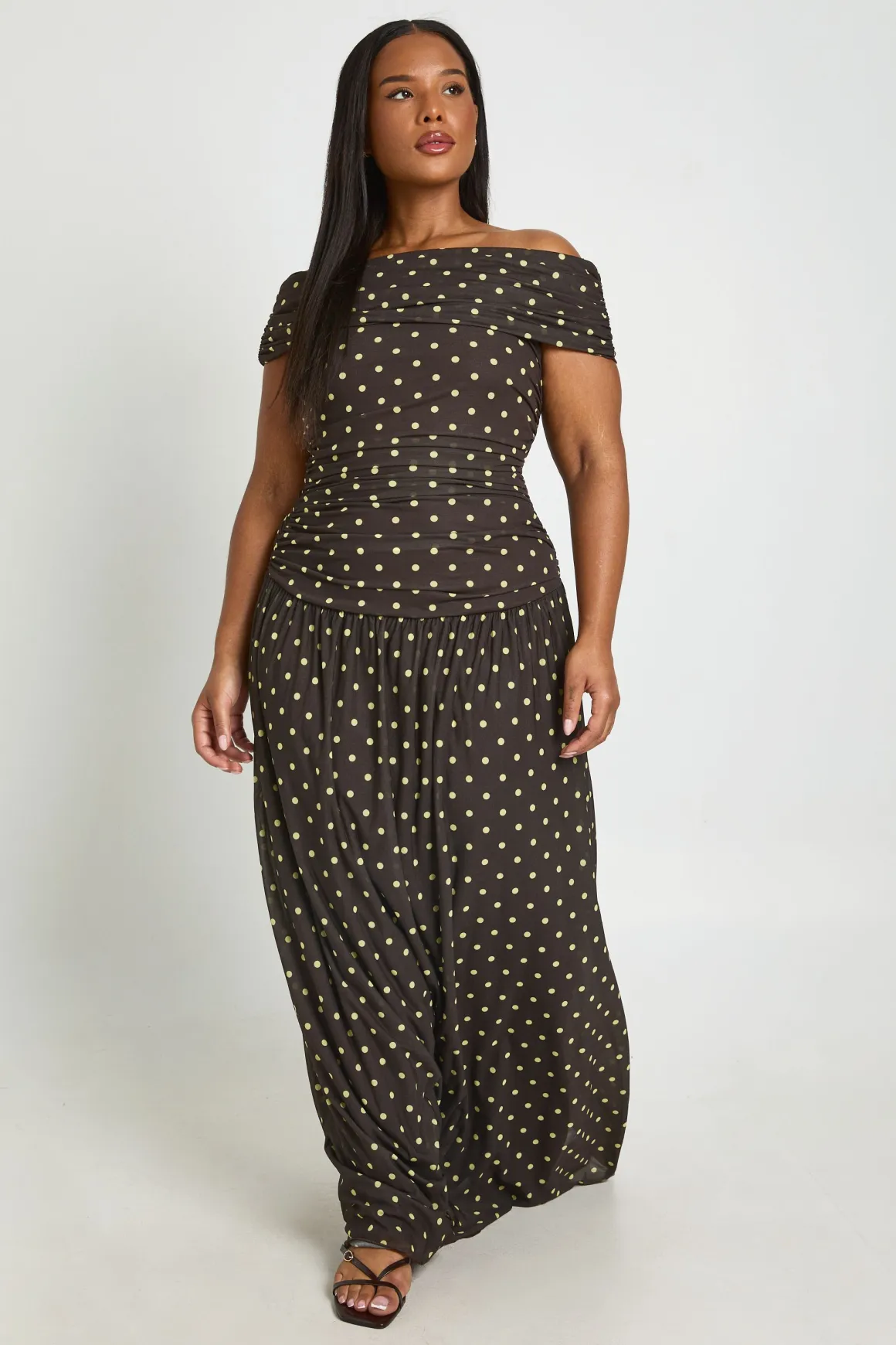 Robe Longue Grande Taille À Pois Avec Taille Basse Froncée