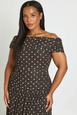 Robe Longue Grande Taille À Pois Avec Taille Basse Froncée