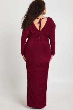 Robe Longue Grande Taille Slinky à Décolleté Plongeant et Détails Froncés