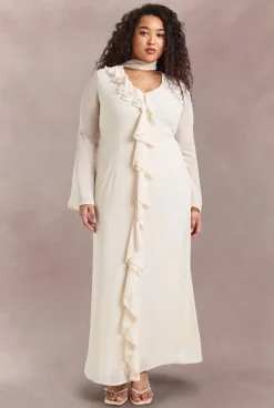 boohoo Robe Longue Grande Taille À Volant Frontal Et Détail Foulard<Femme Robes Moulantes|Robes À Manches Longues