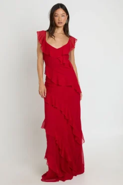 Robe Longue Haute En Mousseline À Volants Balayant Le Sol