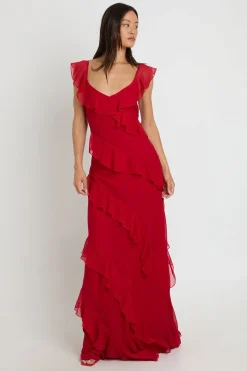 Robe Longue Haute En Mousseline À Volants Balayant Le Sol