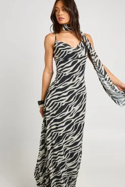 Robe Longue Haute Imprimé Zèbre En Mousseline Col Bénitier Avec Foulard