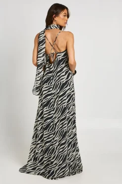 Robe Longue Haute Imprimé Zèbre En Mousseline Col Bénitier Avec Foulard