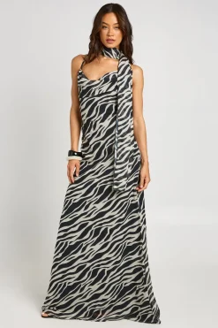 Robe Longue Haute Imprimé Zèbre En Mousseline Col Bénitier Avec Foulard