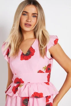 Robe Longue Imprimée à Col V avec Détail Volant Péplum DP Luxe