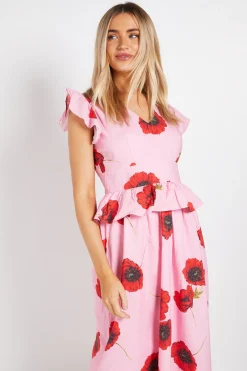 Robe Longue Imprimée à Col V avec Détail Volant Péplum DP Luxe