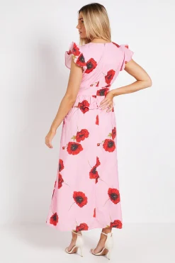 Robe Longue Imprimée à Col V avec Détail Volant Péplum DP Luxe