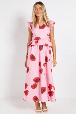 Robe Longue Imprimée à Col V avec Détail Volant Péplum DP Luxe