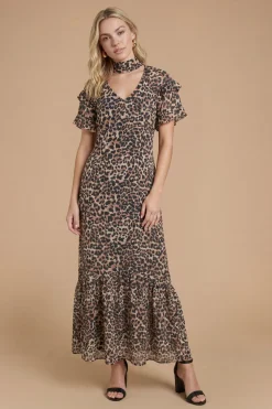 Robe Longue Imprimée Dp Luxe À Double Volant Aux Manches Avec Détail Nœud