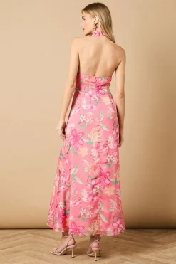 Robe Longue Imprimée en Mesh Dobby à Col Licou